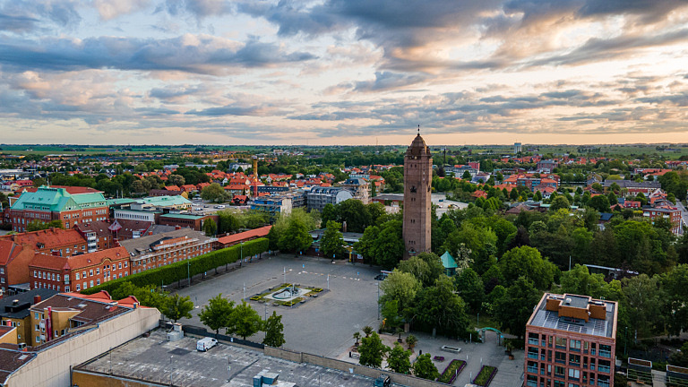 Drönarfoto över Stortorget i Trelleborg