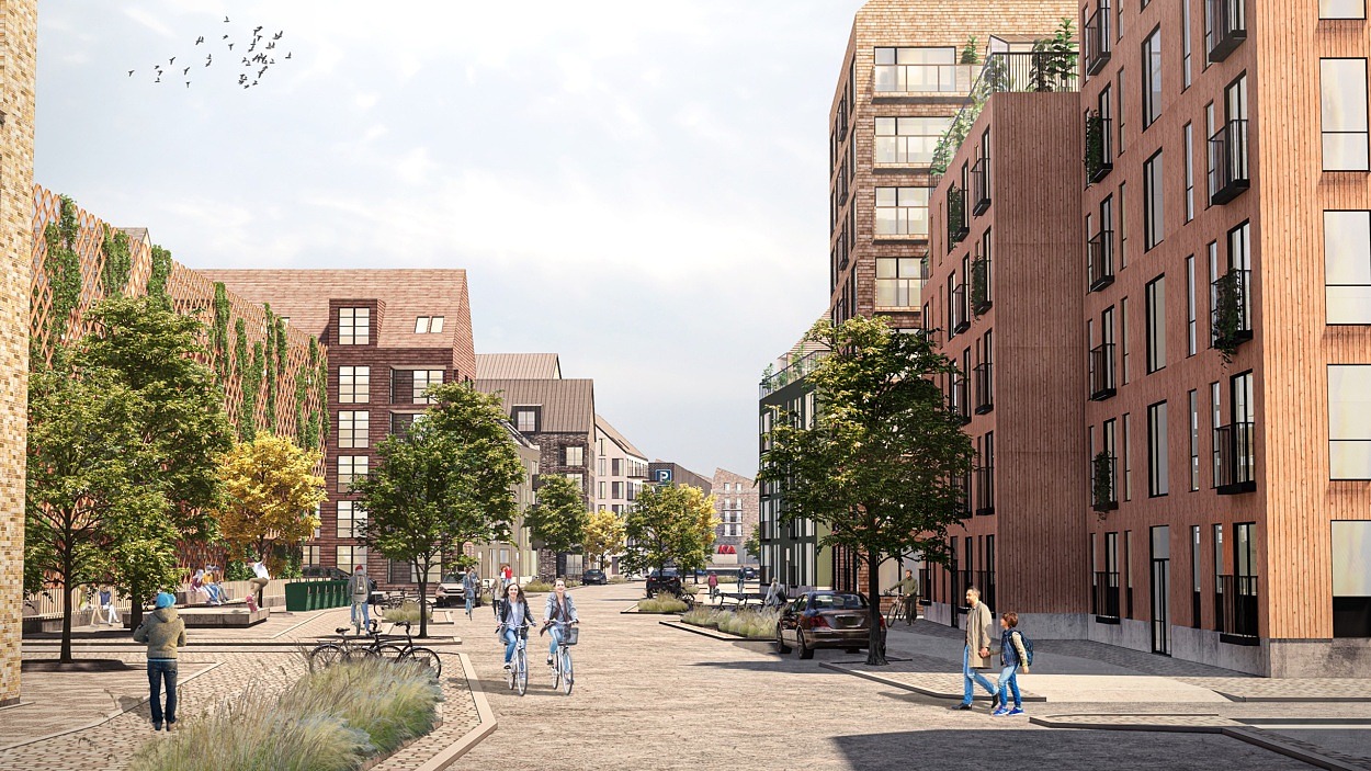 Illustration av gata i Västra Sjöstaden. Inspirationsbild framtagen av Kanozi Arkitekter på uppdrag av Granitor Properties/Doxa Projektutveckling (f.d. Serneke).